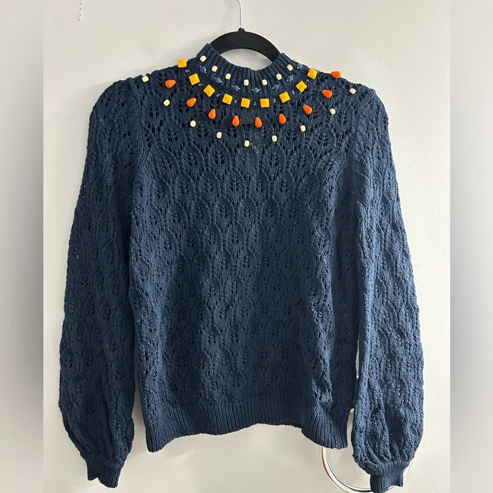Sezane Dark Blue Sweater with Bright Accents - Picture 1 of 8